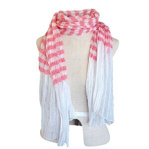 Vintage 70s  Scarf Wrap Pink & White Striped Gauze Pleated Crinkle